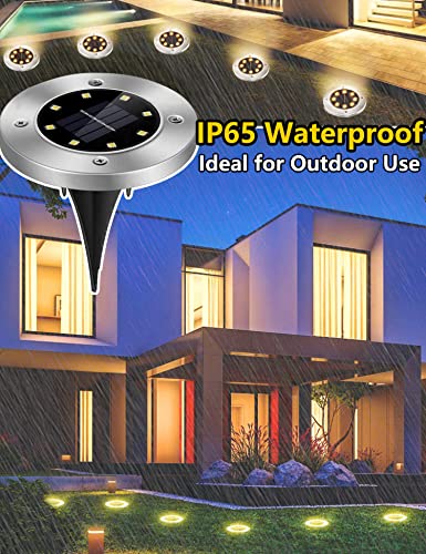 Solar Outdoor Garden Ground Lights, 8 LED Waterproof Patio Disk Lights, In-Ground Landscape Lighting, Floor Path Lights for Walkway, Lawn, Steps Decks, Pathway Yard Stairs Fences, Warm White (8 Pack) - Image 3