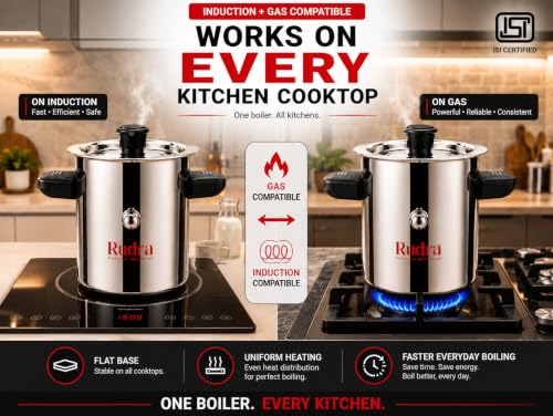Image of Rudra Stainless Steel Long Milk Boiler 1L | Double-Walled Spill-Proof Design | Induction & Gas Compatible Milk Pan | Rust-Free 202 Grade Steel with Whistle Indicator