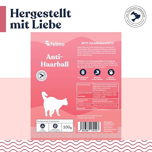 felmo Anti-Hairball Paste für Katzen (100g) Verhindert präventiv Neubildung von Haarballen, fördert die Verdauung – Alternative zu Katzengras - von unseren Tierärzten entwickelt und empfohlen