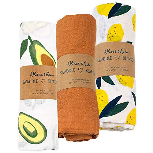 Image of Oliver & Rain Organic Muslin Baby Girl Swaddle Blankets 3 Pack Receiving Blanket Avocado & Lemon Prints