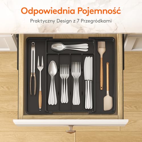 Lifewit Organizer do Szuflady na Sztućce, Wkład do Szuflady, Organizer na Przybory Kuchenne, Kompakt Plastlåda med Plats för Skedar, Gafflar, Knivar, 24-41 x 34 cm, Czarny