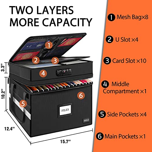 Fireproof Document Box With Lock, 2 Layer File Box Water-Resistant File Organizer With Reflective Strip Portable File Cabinet Collapsible Storage Filling Boxes For Home Office For Letter/Legal Folder #TOP3