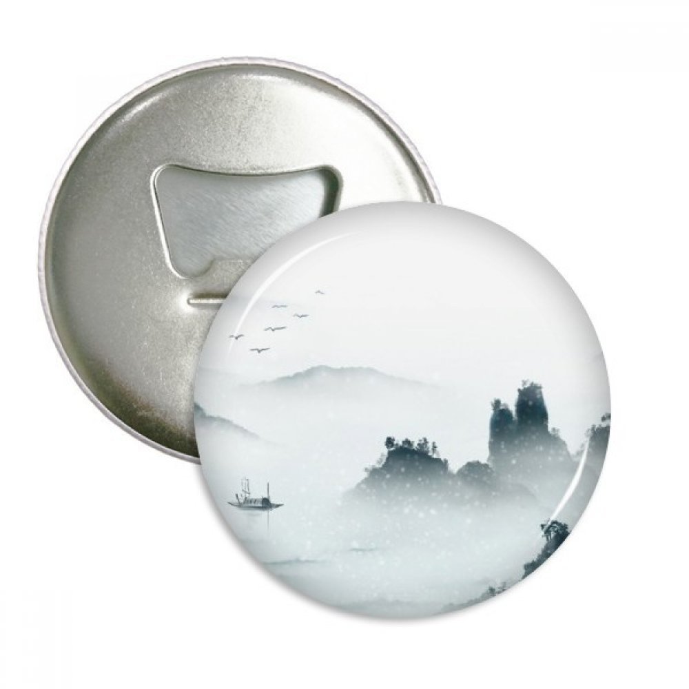 Décapsuleur aimanté paysage chinois aquarelle badge rond argent