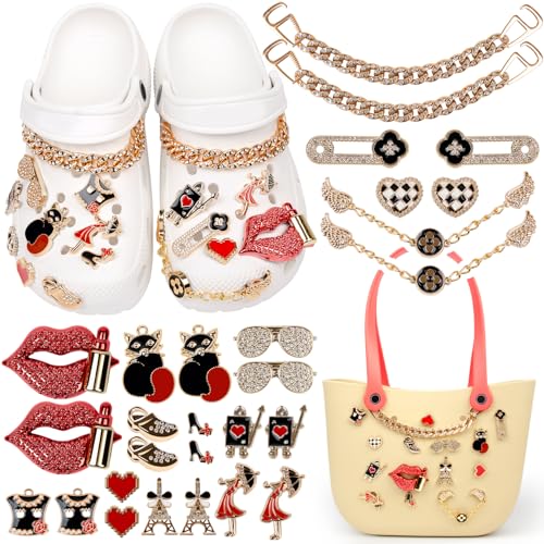 Seqiuay 28 Pcs Charms for Bogg Bag, Bling Shoe Charms Compatible with Croc, Fashion DIY Jewelry Chain Accessories for Women, Valentine's Day gifts, and Birthday Gifts