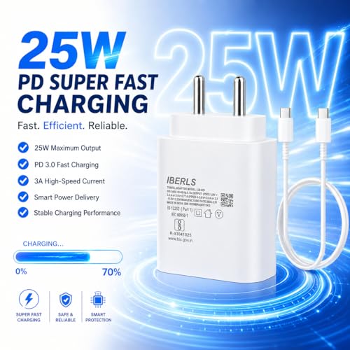 Image of 25W Pd 3A Type-C Super Fast Charging Adapter with 1M Type C Cable for Galaxy F07 /F70e /F17 /F06 /F36 /F56 /F16 /F15 /F05 /F55 /F13 /Tablet /Galaxy Watch- Charge Your Device with 25 Watt USB C Fast Charger