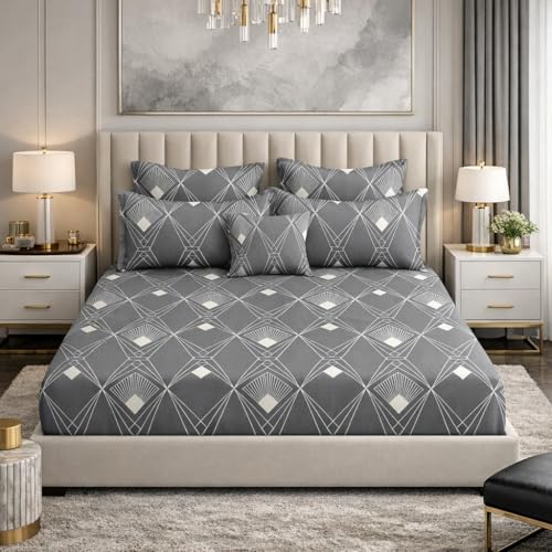 Image of Cotton Feel Glace Double Bed Fitted Bedsheet All Around Elastic Queen Size with 2 Pillow Covers (60 inch x 78 inch inches, Hexa Grey)