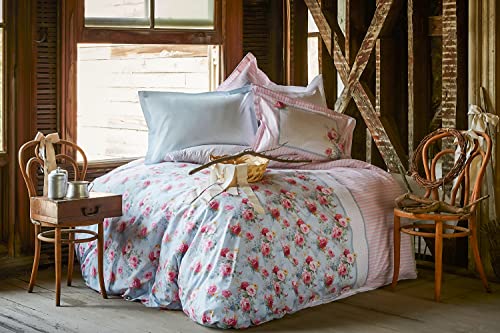 Karaca Home Haley Blau Cotton Natürliche Doppelbettwäsche Duvet Cover (200x220 cm) Bed Linen (240x260 cm) 2 Voluminous Pillowcases (50x70 cm) Material 100% Cotton