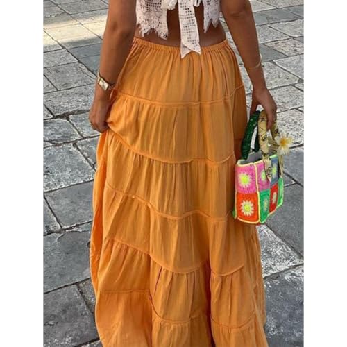 Maxi Skirts for Women Summer Casual Vacation, Drawstring Elastic High Waist Ruffles Maxi Skirts Solid Color4