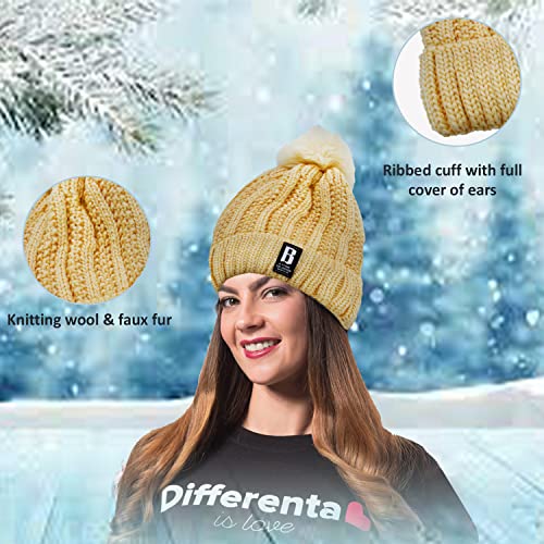 Image of SYGA Winter Beanie Hat for Women Warm Thick Cotton Lining Knit Bobble Pom Pom Skull Cap Fleece Lined Warm Cap Outdoor Sports Hat for Ladies Women Girl Free Size