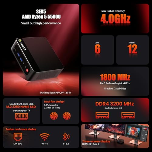 Image of Beelink Mini PC SER5 5500U AMD Ryzen 5 (6C /12T, 2.1 /4.0GHz) 16GB DDR4 500GB M.2 SSD Mini Computer, Radeon Graphics 7cores 1800 MHz, 2.5G LAN, Wifi6 /BT5.2,HDMI /DP /Type-c /4K Triple Display Micro PC