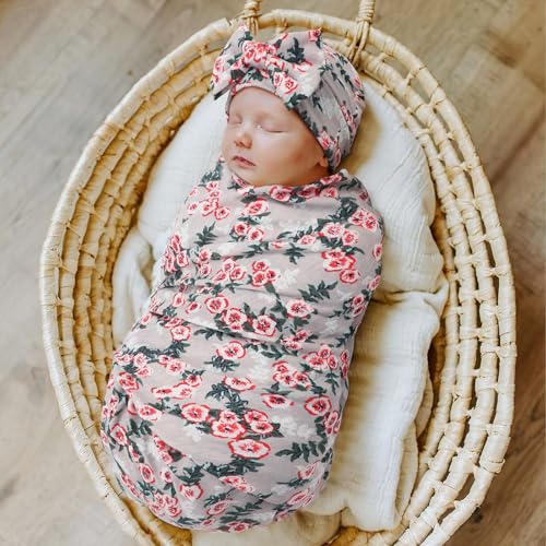 Image of DRESHOW BQUBO Baby Girl Newborn Floral Receiving Blankets with Bow Hat Headband Wooden Birth Announcement Card Set Newborn Baby Swaddling Hats Swaddle Blanket Toddler Warm Shower Gift