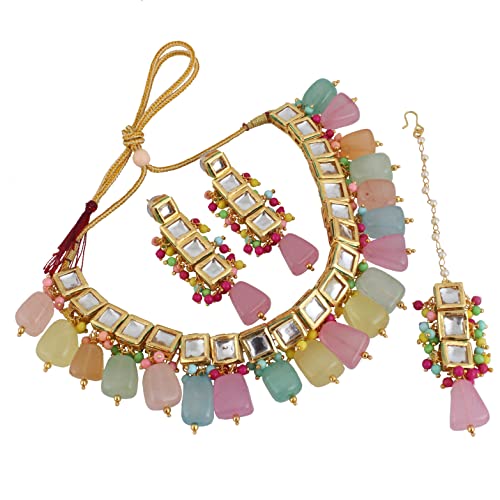 Image of LUCKY JEWELLERY Back Meenakari 18k Gold Plated Mutlicolor Color Square Shape Tika Earring Combo Jewellery Set Uncut Kundan Big Kundan Dibbi Kundan Choker Necklace Set for Girl's & Women