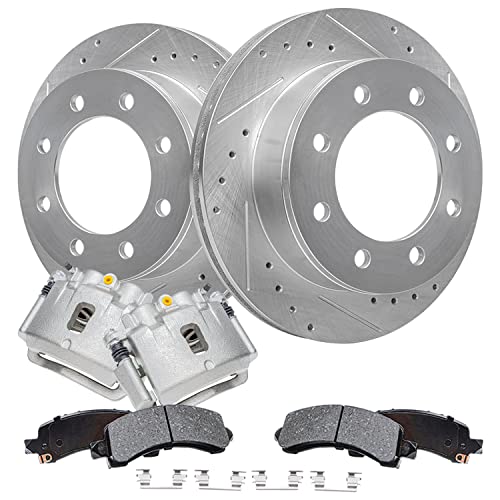 Image of Detroit Axle - Rear Drilled Rotors + Brake Calipers + Ceramic Brake Pads | Replacement for 2006-2019 Chevrolet GMC Express Savana 2500 3500