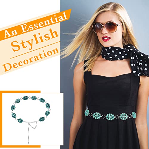2 Pcs Turquoise Concho Chain Belt Adjustable Waist Belts for Women Western Metal Silver Belt for Dress Womens Turquoise Belt(Elegant Style)4