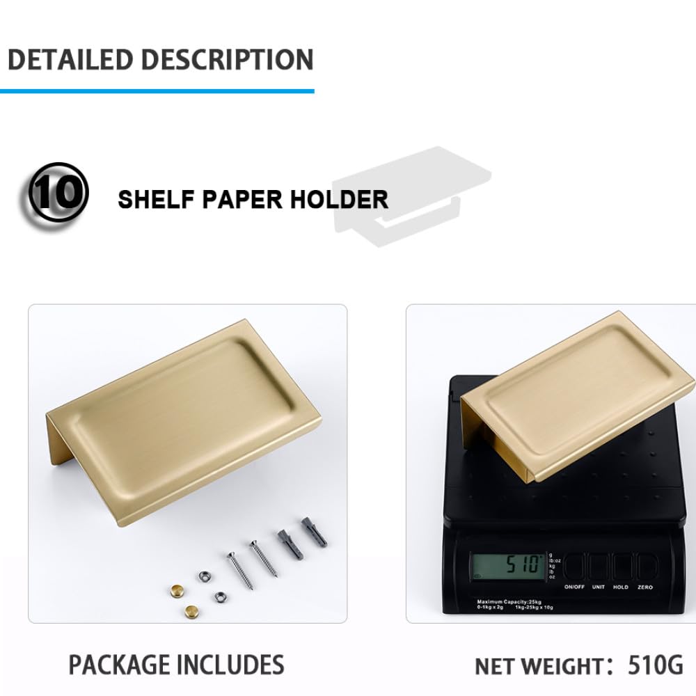 Juego de Accesorios de baño de Oro Cepillado Soporte de Rollo de Papel higiénico de Montaje en Pared Toallero Colgador de Batas Kit de Accesorios de Acero Inoxidable, Soporte de teléfono BG