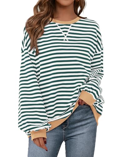 Image of PRETTYGARDEN Womens Striped Oversized Sweatshirt Color Block Crew Neck Long Sleeve Casual Loose Pullover Top Y2K Clothes