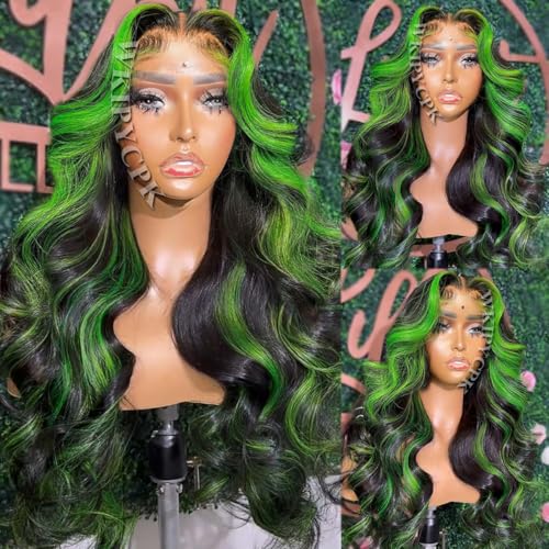 WKIPYCPK Green Highlight Lace Front Wig Black Hair with Green Skunk Stripe Synthetic Lace Front Wigs for Black Women 24 Inch Long Body Wave Heat Resistant Hair Pre Plucked Natural Hairline