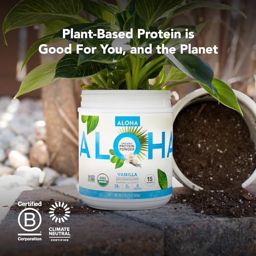 Image of ALOHA Organic Plant Based Protein Powder, Stevia Free, Vanilla, 19.6 oz, 15 Servings PACKAGING MAY VARY
