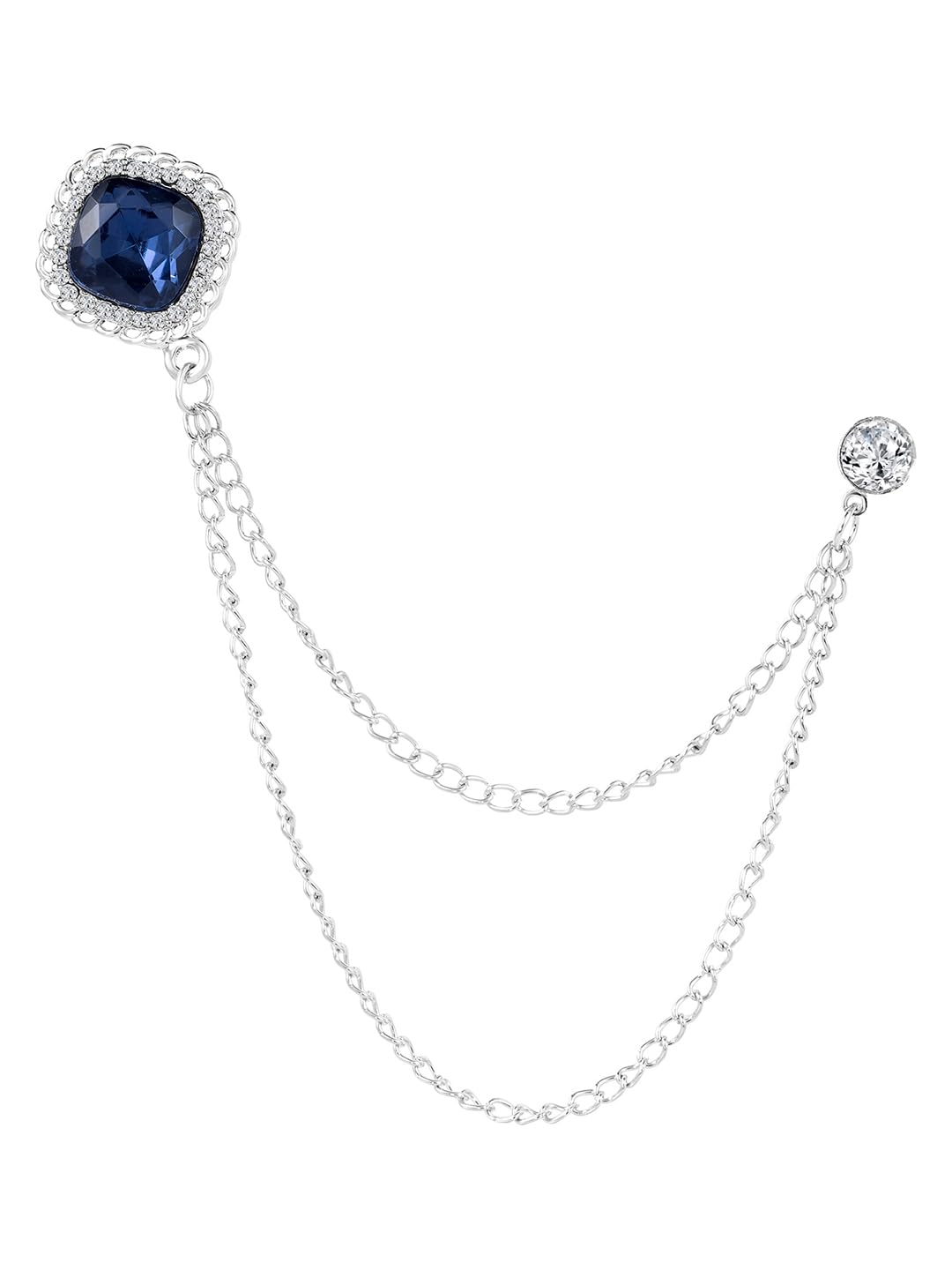 peora Silver Plated Blue Crystal Studded Double Chain Pin Stylish Brooch Jewellery Gift for Men-picture-12
