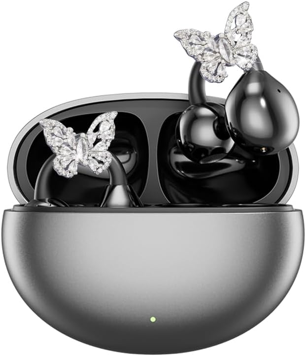 Soinf Women's Wireless Earphones, Designed with Crystal Butterfly Earrings and Open Bluetooth Noise Cancelling Earphones for Running, Suitable for Work, Fitness, Daily wear, and Gifts (Black)