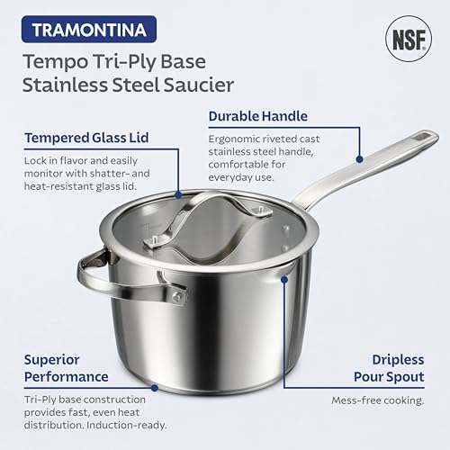 Image of Tramontina Tempo Tri-Ply Base Stainless Steel 4-Quart Sauce Pan with Glass Lid, Induction-Ready Saucepan, Oven-Safe, Dishwasher-Safe