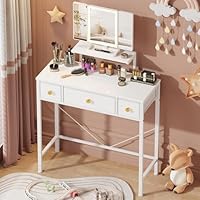 HIGDBFE Small Makeup Vanity Desk with 3 Fabric Drawers, Vanity Table 11.8\" D x 27.5\" W with Mirror and Lights and Height-Adjustable Stand, Vanity for Girls Gifts, Bedroom and Small Spaces, White
