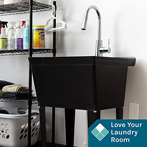Laundry Sink Utility Tub With High Arc Metal Pull Down Faucet By Js Jackson Supplies Parent (Chrome Faucet, Black Tub) #TOP2