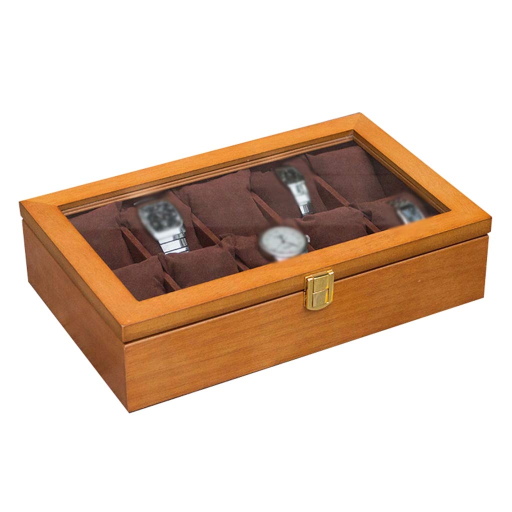 MUSUMI Caja de reloj de Madera Vitrina de almacenamiento de joyas Bandeja de pulsera con 10 almohadas de almacenamiento extraíbles, organizador de gemelos con cierre de Metal y vidrio Superior