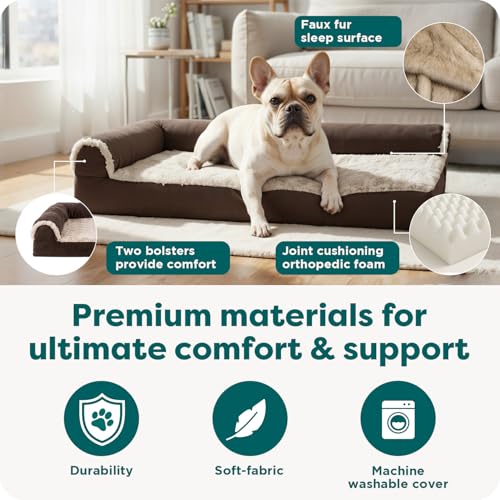 Furhaven Orthopedic Dog Bed for Medium/Small Dogs w/ Removable Bolsters & Washable Cover, For Dogs Up to 35 lbs - Two-Tone Plush Faux Fur & Suede L Shaped Chaise - Espresso, Medium,30"L x 20"W x 6"Th - Image 6