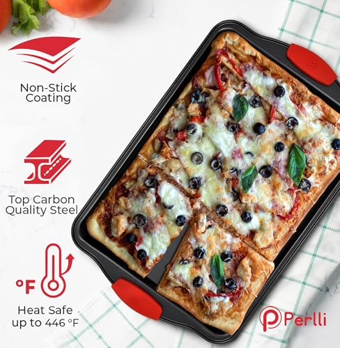 PERLLI Non-Stick 3-Piece Baking Pan Set, BPA-Free Carbon Steel Bakeware Set with Silicone Handles, Stackable Kitchen Oven Set, Cookie Sheet, Baking Tray, Baking Sheet Set, Oven Safe (446°F) - Image 4