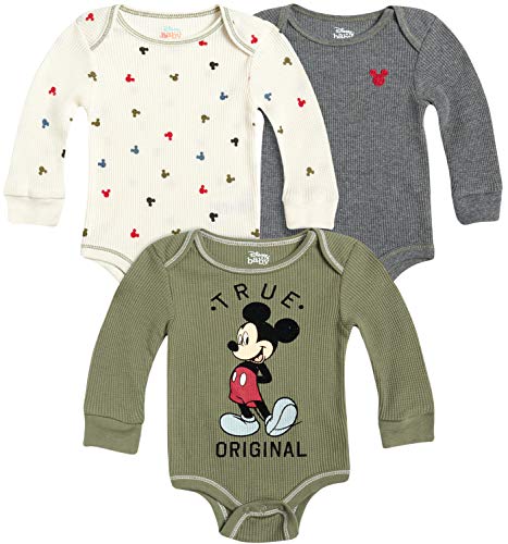 Disney Baby Boys' Mickey Mouse 3 Pack Bodysuit- Long Sleeve Thermal Onesie Bodysuit (Newborn), Green/Grey, Size 6-9M