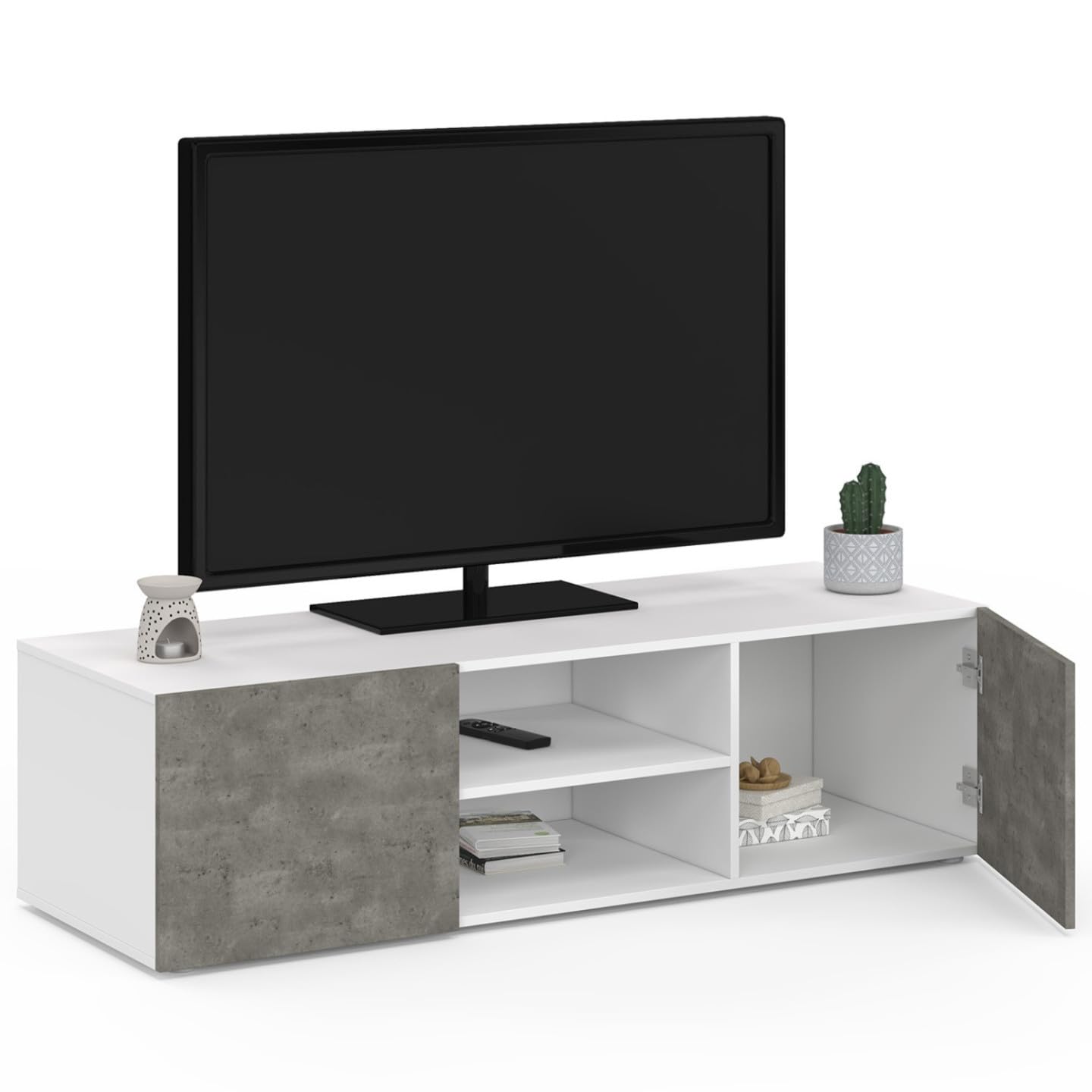 IDMarket - Meuble TV 113 cm ELI Blanc Portes Effet béton