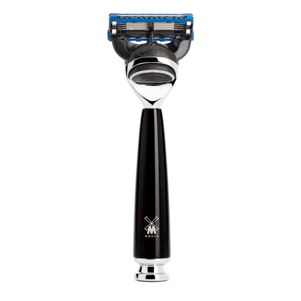 MÜHLE Rytmo 3-tlg. Rasierset mit Systemrasierer, Edelharz-Griff in schwarz | Nassrasur-Set kompatibel mit Gillette Fusion-Klinge, Rasierpinsel Black Fibre vegan, Halterung, für Bart, Gesicht und Körper
