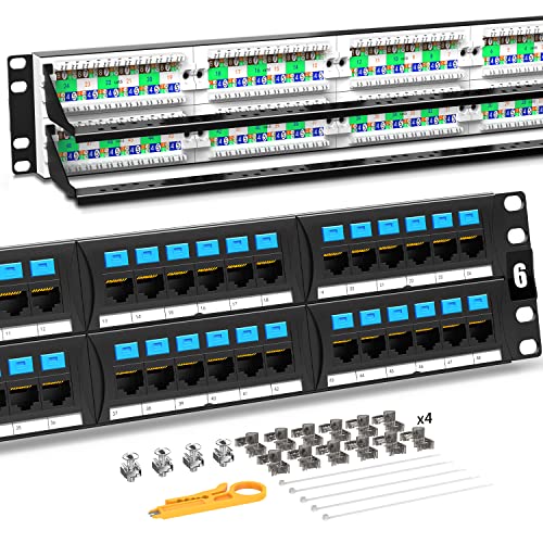 AMPCOM Supreme Series CAT6 48 Ports Patch Panel, Rack Mount – 2U, 19 inch, RJ45 Ethernet 568A 568B, 50u Gold Plated, with Rear Cable Management Bar