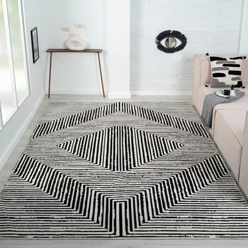 Image of Indigo Ink - Washable Area Rug, Stain Resistant, Geometric Boho Decor, Ideal for Living Room, Bedroom, Office (6' x 9', Panther Black/White)