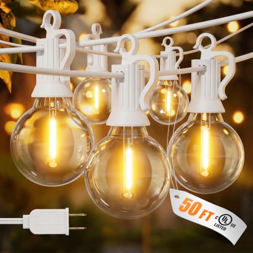 Brightown Outdoor String Lights 50FT 25 G40 Bulbs Shatterproof Patio Lights IP65 Waterproof Dimmable Hanging Connectable Globe LED Outdoor Lights for Backyard Bistro Porch Deck Balcony White