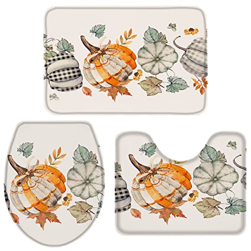 Fall Pumpkins Maple 3-teiliges Badezimmerteppich-Set Harves Thanksgiving Country Farm Crop Langlebiges weiches Badematten-Set mit Konturteppich Toilettendeckelbezug for Dusche/Badewanne, 20"x32"+16"x1 – Bild 3