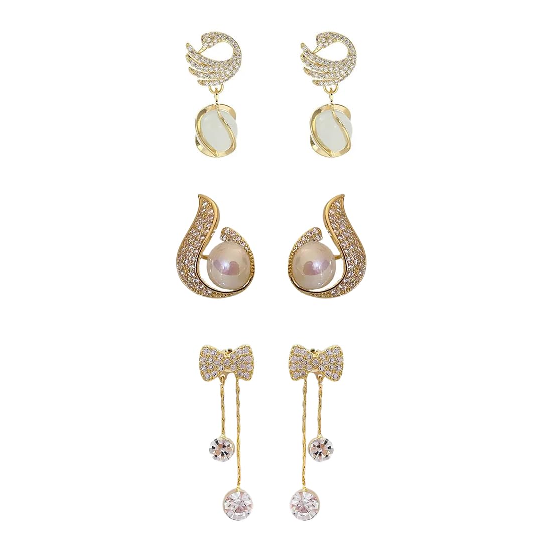 Pack Of 3 Alloy Bow Long Chain Pearl Crystal Swan Drop Earring | Earring For Womens And Girls | Elegance For Every Occasion-image-11