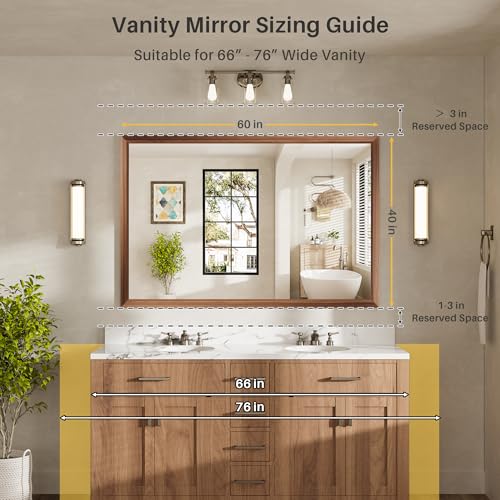 Image of 60x40 Inch Bathroom Mirror for Wall, Anti-Rust Walnut Wood Grain Metal Framed Bathroom Mirrors for Over Sink,Rectangler Mirrors for Bathroom Vanity, Farmhouse, Bedroom, Living Room, Entryway Decor