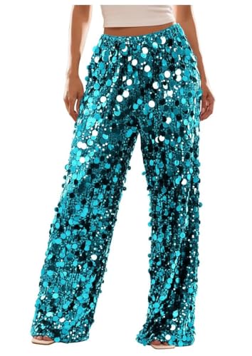 kangsitp Sequin Women Pants Petite Short Lake Blue Pants for Women Trendy Glitter Sparkly Shiny Trousers Wide Leg Trousers Size Small