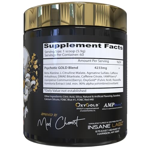 Image of Insane Labz Psychotic Gold, High Stimulant Pre Workout Powder, Extreme Lasting Energy, Pumps and Endurance with Beta Alanine, DMAE Bitartrate, NO Booster (60 Servings, Grape)