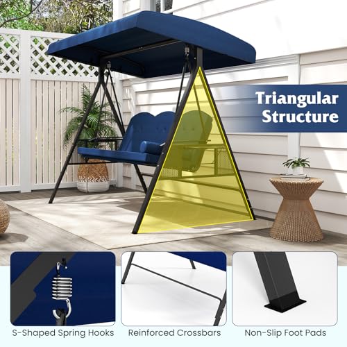 Image of Tangkula 3 Person Porch Swing, Outdoor Swing with Adjustable Canopy, Thickened Cushions & Pillow, Metal Frame, Foldable Side Tray for Backyard, Garden and Poolside (Navy)