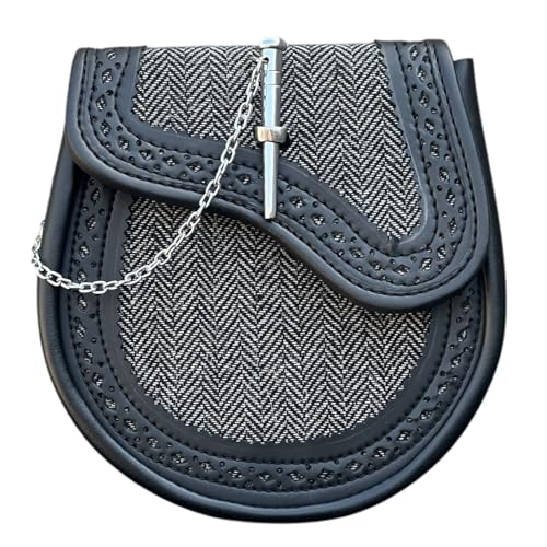 Grey Tweed Pin Lock Scottish Kilt Sporran Highland Vintage Modern Leather Sporran2