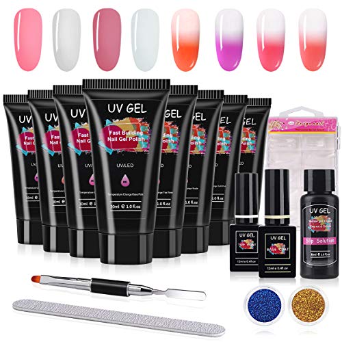 Poly Nail Gel Kit, MYSWEETY 30ml 8 Tubes Thermal Temperature Colour Changing Nail Enhancement Extension Builder Gel Polish for Starters, with Base Top Coat, Slip Solution