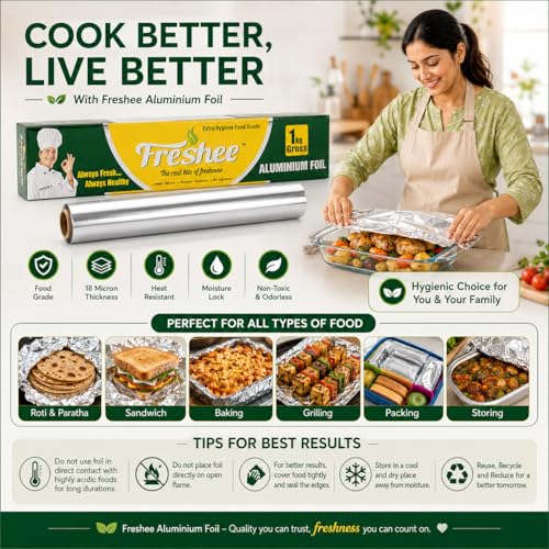 Image of Freshee Aluminium Foil Paper for Food Wrap 1 Kg Gross | 18 Micron Roll for Roti Paratha Sandwich Wrapping Cooking Baking Grilling | Hygienic Foil for Kitchen Office Use | Keep Food Fresh & Warm Pack 3