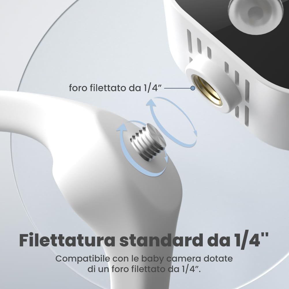 Жакын план view of the 1/4 inch standard thread on the baby monitor support, indicating compatibility with cameras having a 1/4 inch threaded hole.