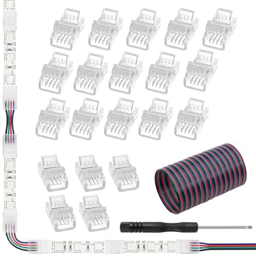 4 Pin 8 mm LED Strip Connector kit-15pcs Clear Gapless LED Strip to Wire Quick Connector,5pcs Gapless LED Strip to Strip whit 16.4FT Extension cable for 3528 5050RGB Lights Adapter Track Lighting