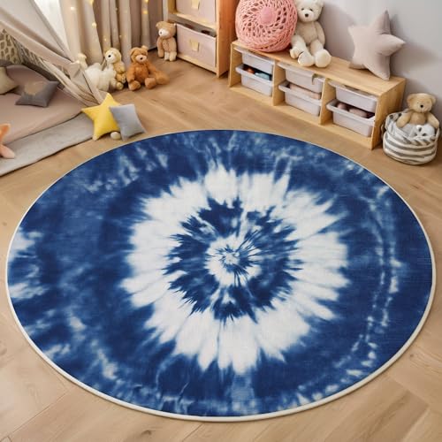 Tapis rond doux blanc indigo spirale design salon moderne - 5