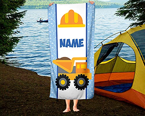 Personalized Construction Truck Polycotton Towel For Kids - Boys Girls Baby Toddlers Infants Classic Dump Toy Trucks Theme Towels For Beach Bath Athletic Or Kitchen (Bath Towel 60"X30") #TOP6