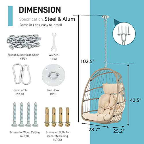 Patiorama Indoor Outdoor Egg Swing Chair Without Stand, Patio Wicker Rattan Hanging Chair W/Cushion, 350Lbs Capacity, All Weather Foldable Hammock Chair Basket Chair For Bedroom, Porch (Beige) #TOP2
